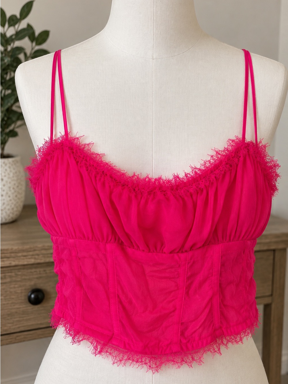 Urban Outfitters Hot Pink Fuchsia Corset Cami Top Frayed Trim Y2K Medium